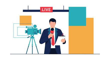 A news reporter holding a microphone and notepad, ready to broadcast live with a camera and studio backdrop.