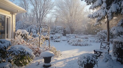 Wall Mural - Photo showing Grateful for dawn, a fresh new start, Resetting mood, with a grateful heart. Nature's serenity, snow's gentle gleam, Finding calm in a winter scene