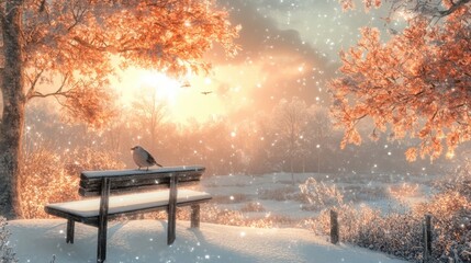 Wall Mural - Photo showing Grateful for dawn, a fresh new start, Resetting mood, with a grateful heart. Nature's serenity, snow's gentle gleam, Finding calm in a winter scene