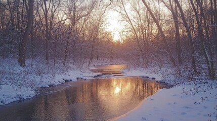 Wall Mural - Photo showing Grateful for dawn, a fresh new start, Resetting mood, with a grateful heart. Nature's serenity, snow's gentle gleam, Finding calm in a winter scene