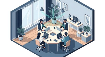 Isometric illustration of programmers working in modern office setup with laptops and teamwork, symbolizing coding, collaboration, and technology development