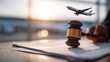 © Popu - Wooden Gavel on Airplane Flight Deck with Legal Documents and Blurred Aircraft in Airport Background