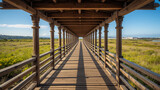 Wooden walkway leading to vasco da gama bridge in lisbon, portugal