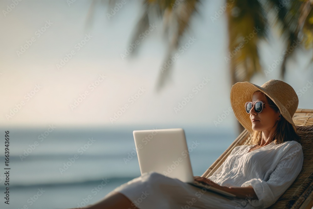 A woman sits comfortably on a beach chair, wearing sunglasses and a wide-brimmed hat. She is focused on her laptop, with the tranquil ocean as her backdrop.
