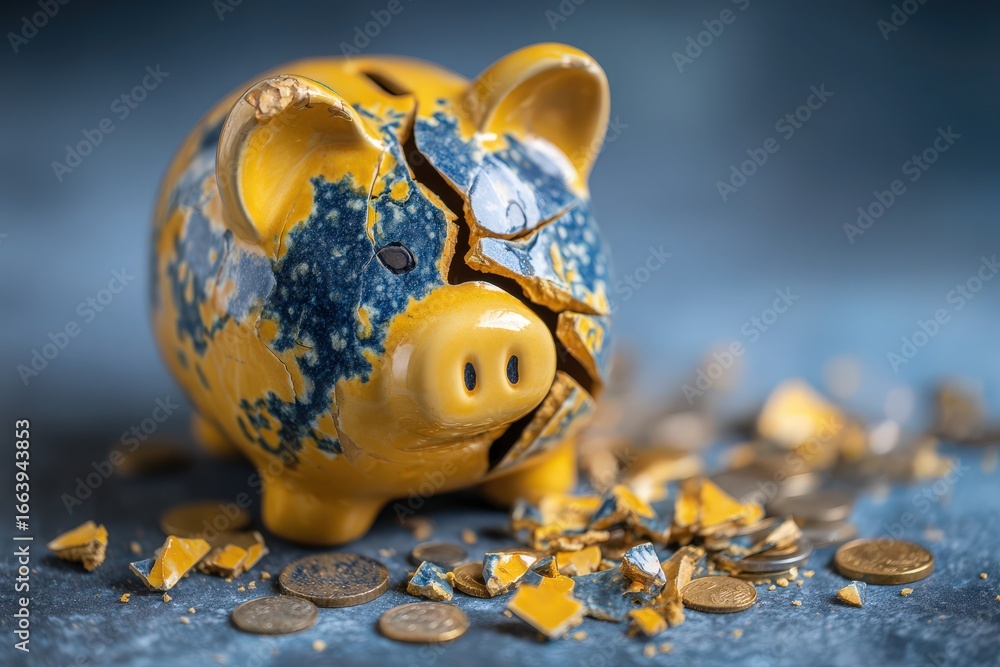 A broken piggy bank with blue and yellow paint sits on a textured surface. Coins are scattered around, indicating an unexpected financial situation or loss.