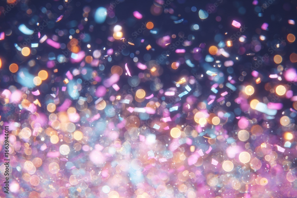 A vibrant array of confetti cascades through the air, illuminated by shimmering lights in the background. The colorful pieces dance around, enhancing the festive atmosphere.