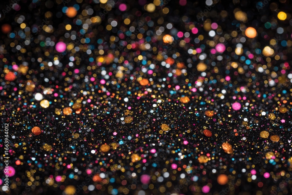 An array of colorful glitter particles in various sizes is spread across a dark surface. The vibrant hues of pink, gold, and blue sparkle against the black, creating an enchanting effect.