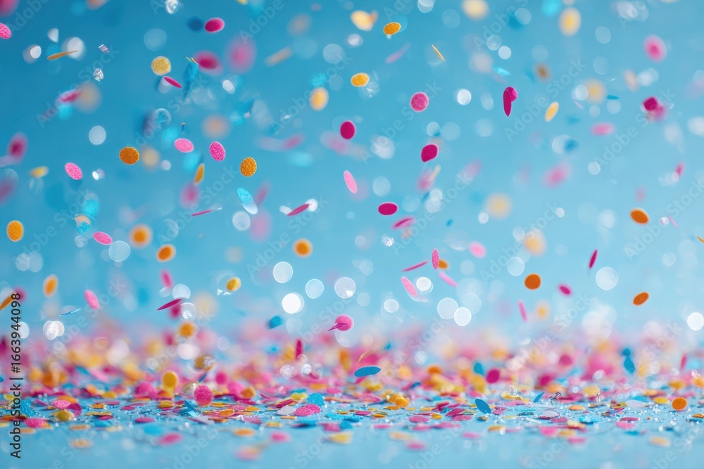 Vibrant confetti in shades of pink, orange, and blue cascades down against a soft blue background. The scene captures a joyful celebration, perfect for parties and festive occasions.
