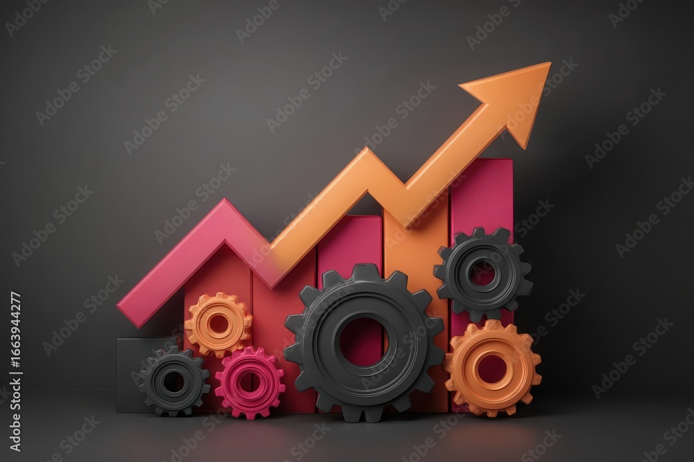 A striking arrangement features bars of various heights in vibrant colors, illustrating upward growth. Black and orange gears complement the bars, symbolizing mechanics in business success.