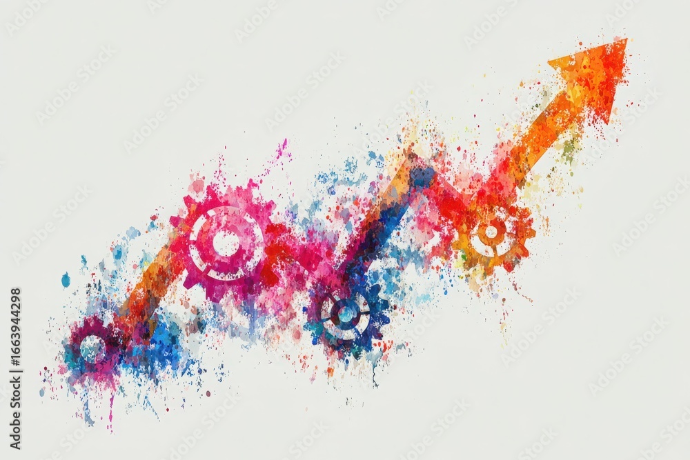 A vibrant artwork features colorful gears and upward arrows, symbolizing growth and progress. The dynamic design utilizes splashes of colors, creating an energetic vibe that inspires movement.