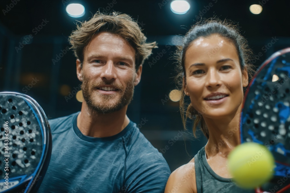 Two athletes, a man and a woman, smile while holding paddles on an indoor tennis court. Bright lights illuminate their enthusiastic expressions as they prepare for a game.