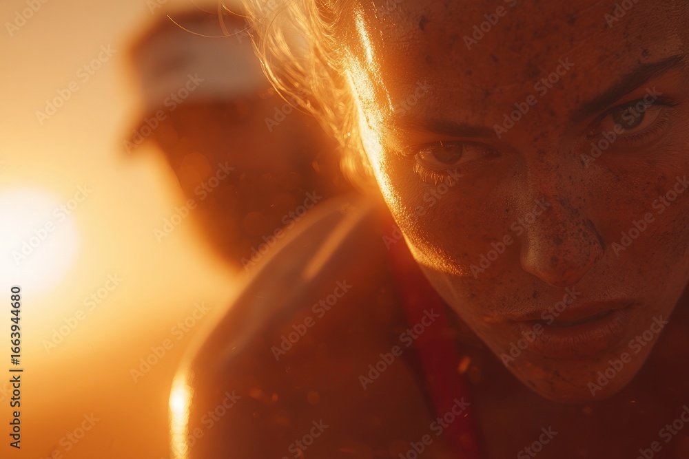 A woman displays intense focus and determination during an athletic training session at sunset near the coast. Sand is visible on her face, highlighting the challenging environment.