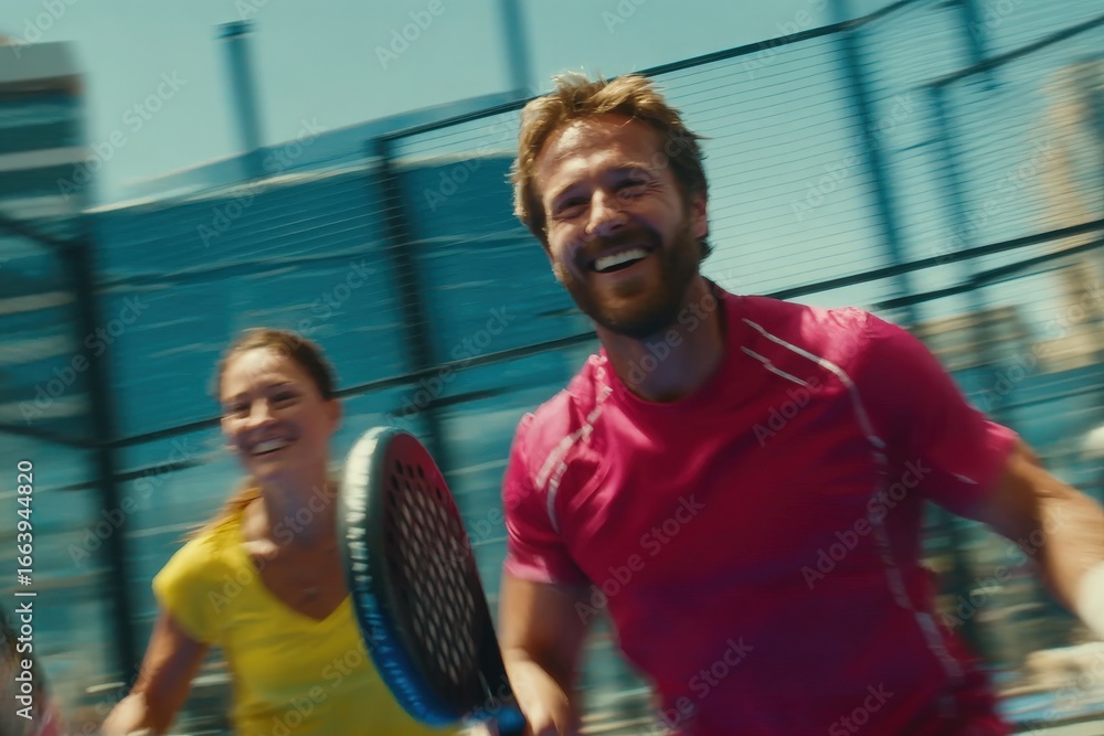 Two individuals participate in a lively game of paddle tennis in a bright, sunny setting. The players appear joyful, showcasing their skills and enjoying the energetic atmosphere.