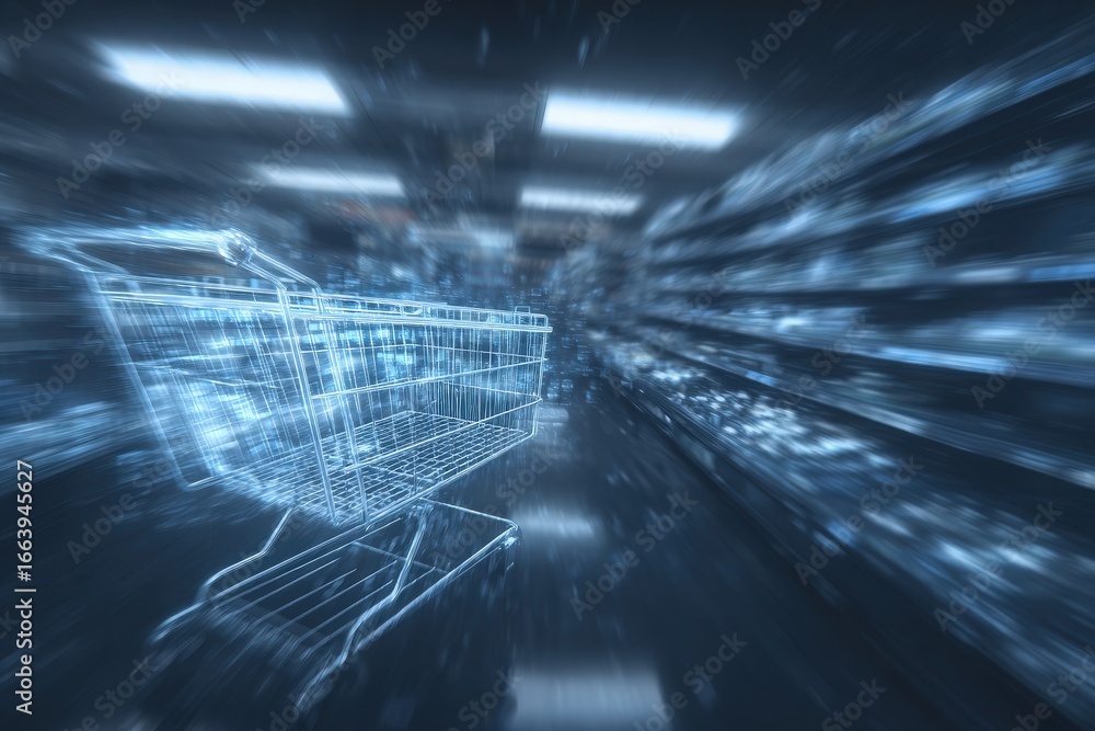 A futuristic depiction features a translucent shopping cart moving through a dimly lit grocery store aisle.