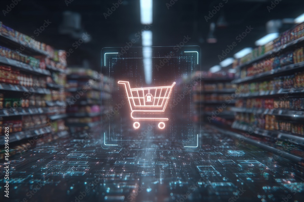 A futuristic grocery store aisle filled with shelves stacked with products features a digital shopping cart icon. This technology showcases modern innovations in shopping experiences.