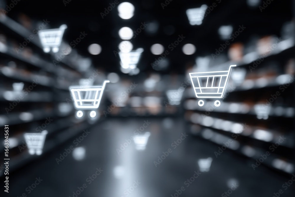 A modern supermarket interior is visible with grocery shelves lined with products. Transparent shopping carts float above, showcasing a digital shopping experience.