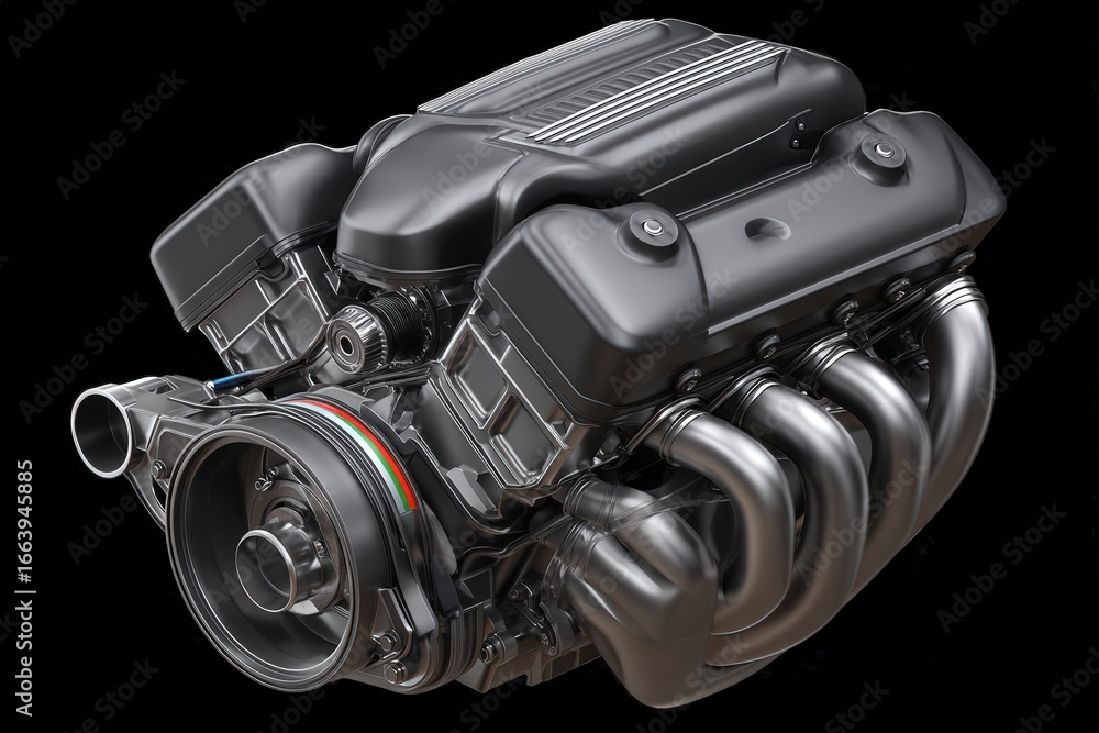 A detailed representation of a high-performance engine showcasing its powerful structure with various components.