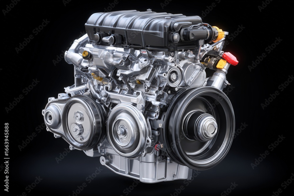 Engine components gleam in a dark setting, highlighting intricate designs and mechanisms. This powerful engine represents cutting-edge technology and efficiency in modern vehicles.