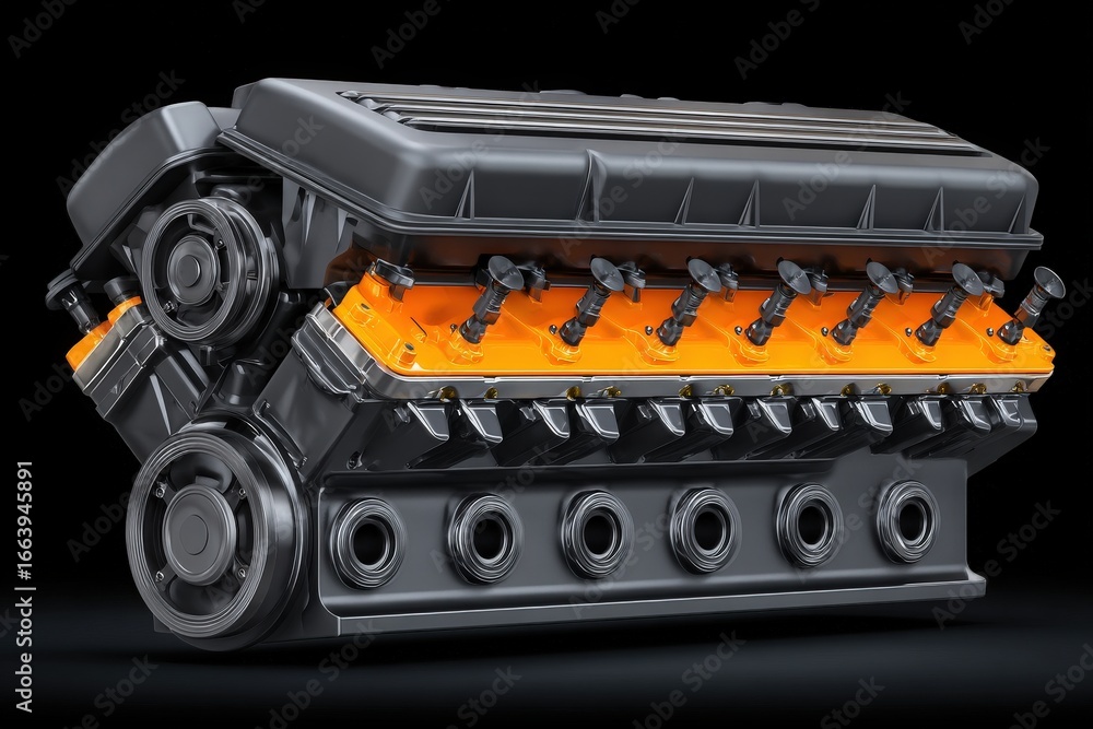 A powerful engine with a striking design featuring black and orange colors is displayed prominently.