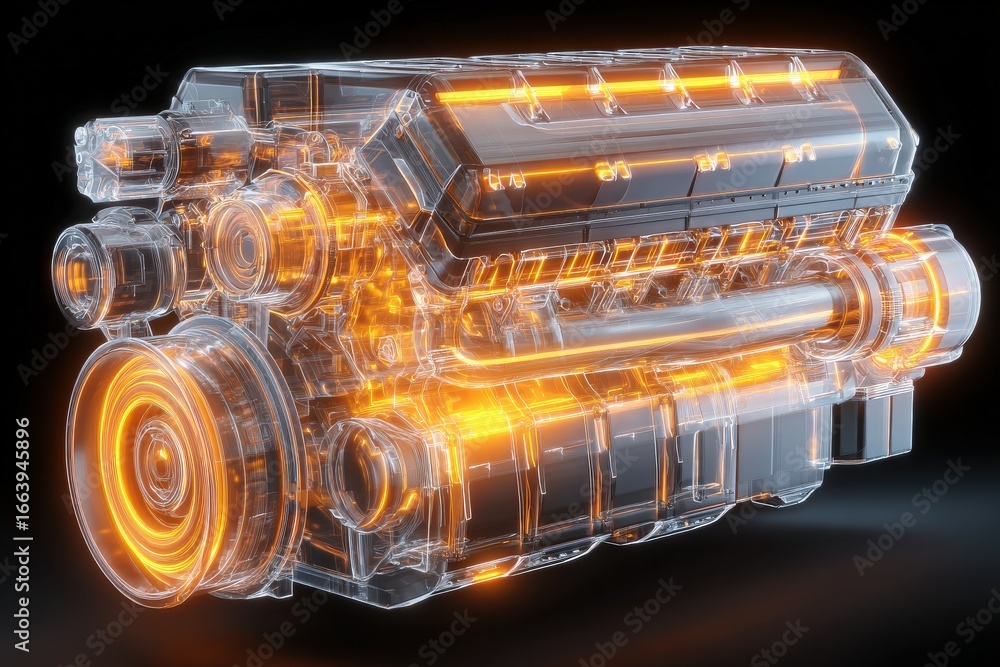 A transparent view of an engine showcases its intricate components, illuminated with orange lights. This design highlights the mechanical complexity and modern technology involved in engine design.
