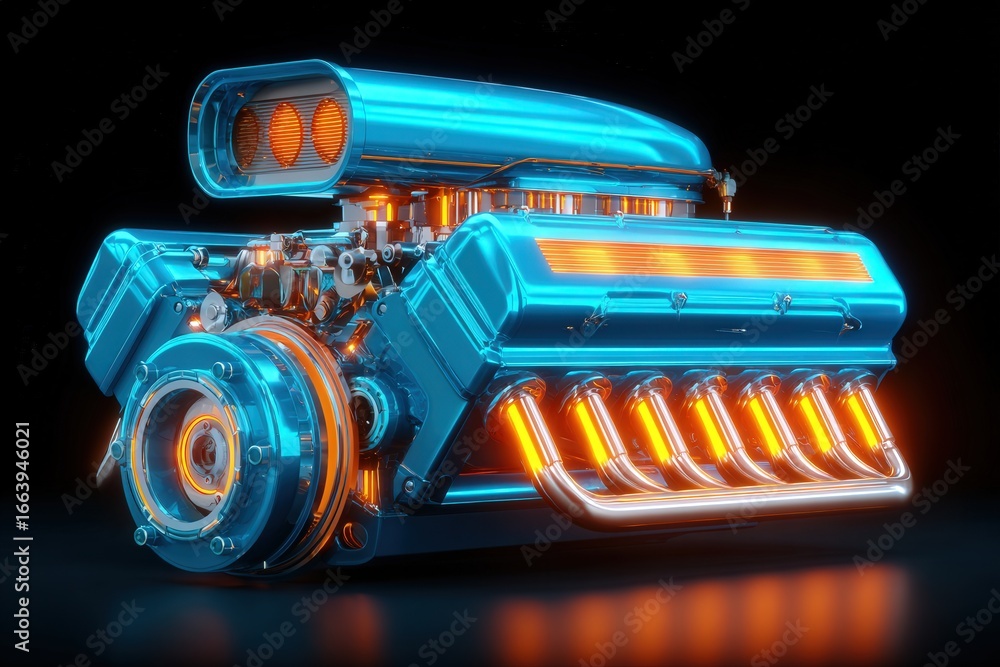 A detailed engine design features bright blue and glowing orange elements. The setup highlights the complexity of the engines parts, emphasizing the intricate machinery in a striking dark setting.