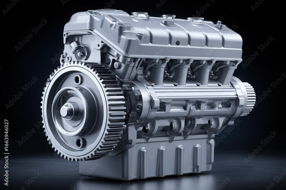 This automotive engine features a sleek metal finish, highlighting intricate designs and components. The image captures the engine from an angle that emphasizes its features against a dark background.