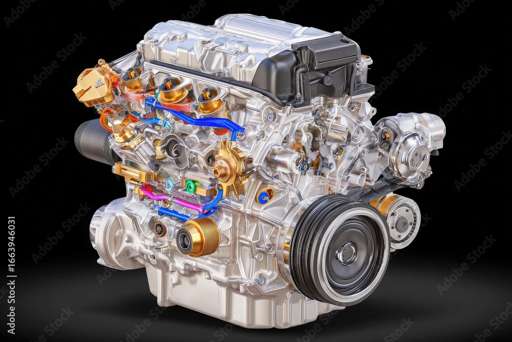This display features an intricately designed engine, highlighting its various components and innovative construction.
