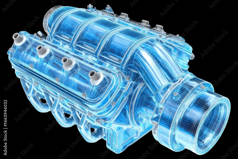 A translucent engine component is displayed, highlighting intricate details and design.