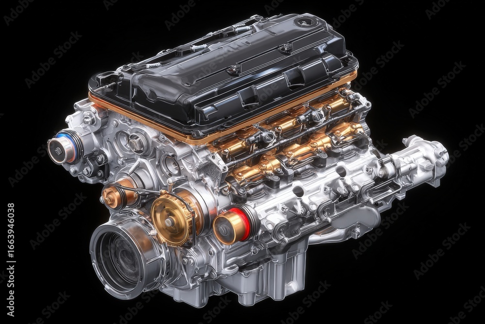 This automotive engine features a compact design with intricate components, showcasing precision engineering.