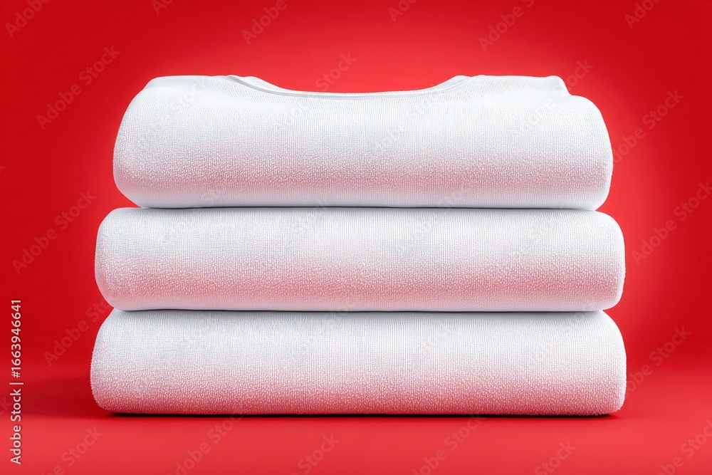 Three white towels are stacked neatly on top of each other, creating a clean and organized appearance. The vibrant red background enhances the softness and texture of the towels.
