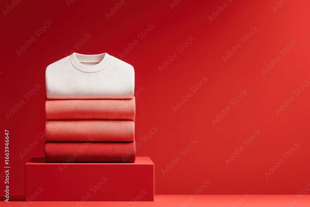A collection of neatly stacked sweaters in varying shades of red and pink is showcased on a deep red pedestal. The warm tones create a harmonious and inviting atmosphere.