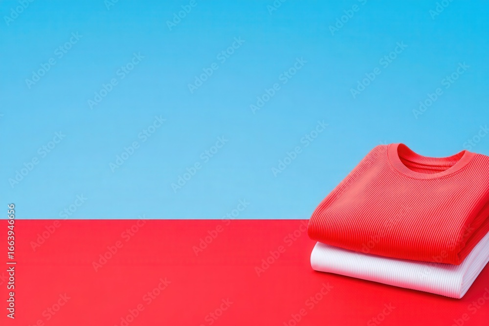 Two neatly stacked sweaters, one red and one white, rest against a striking blue background. The bright colors create a cheerful atmosphere, appealing to fashion enthusiasts.