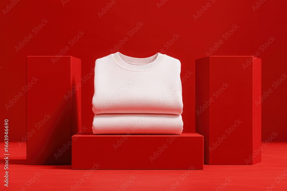 Two white sweatshirts are neatly stacked on red rectangular platforms against a bold red background. The minimalist setup emphasizes the clothings design and color contrast effectively.
