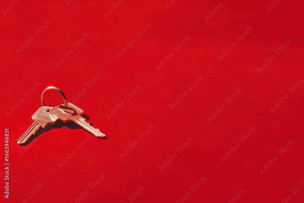 A set of metallic keys is positioned on a bold red background, showcasing their simple design and shiny surface. The contrasting colors create a striking visual impact.