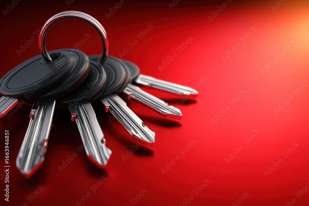 A collection of keys rests on a bright red surface, showcasing their metallic structure and plastic key fobs. The vibrant background highlights the intricate details of each key.