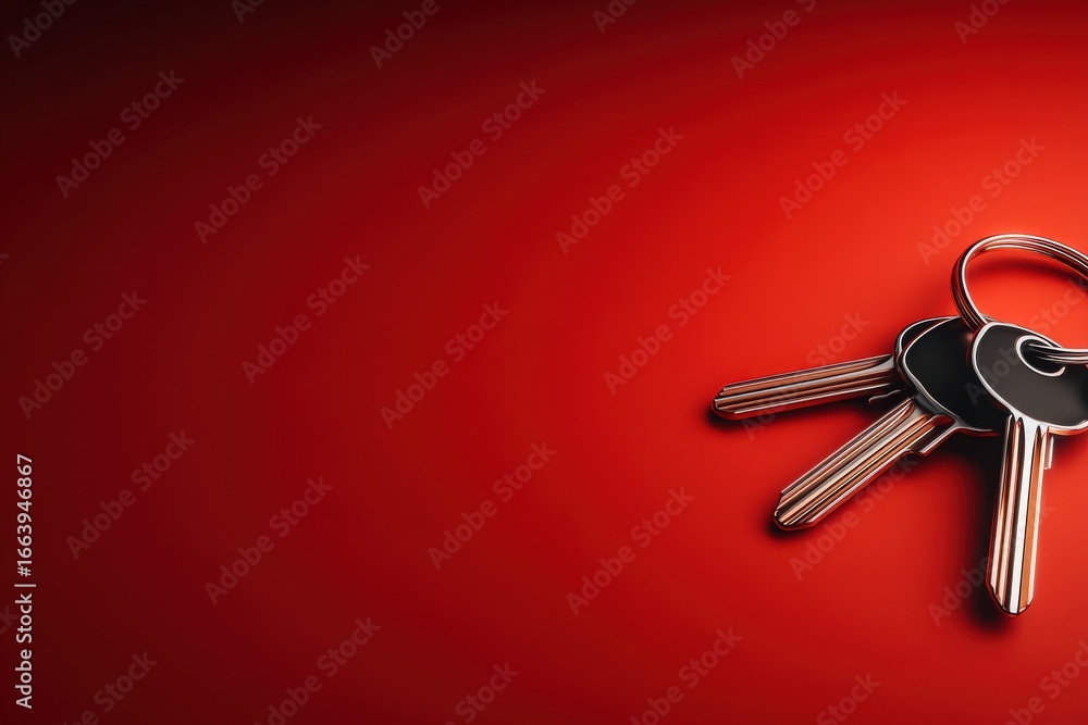 A set of three keys is neatly arranged on a smooth red surface, highlighting their modern design and glinting metallic features under soft lighting.