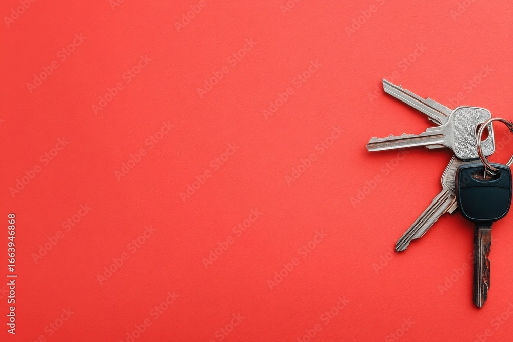 A collection of keys is placed on a vibrant red background, highlighting their metallic texture and unique designs. The scene captures the simplicity and functionality of everyday objects.