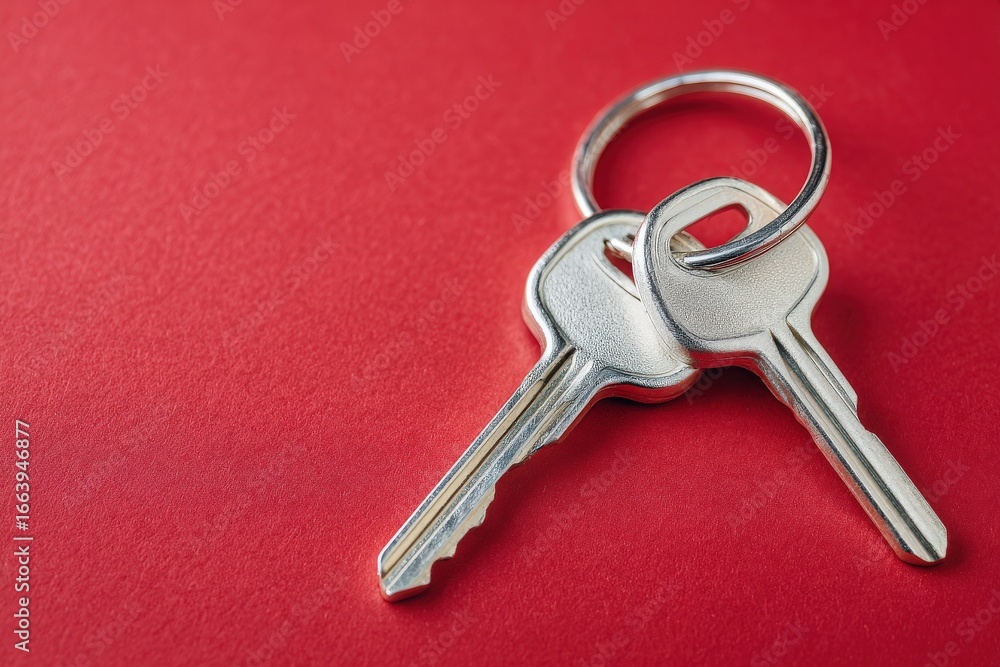 Close up view of two silver keys resting on a vibrant red surface. The keys are designed for unlocking doors or starting vehicles. Their simple structure showcases everyday utility.
