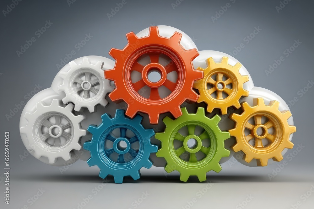 Several colorful gears are arranged in a stacked formation against a soft gray background, showcasing vibrant hues of orange, green, blue, yellow, and white. The design is modern and engaging.