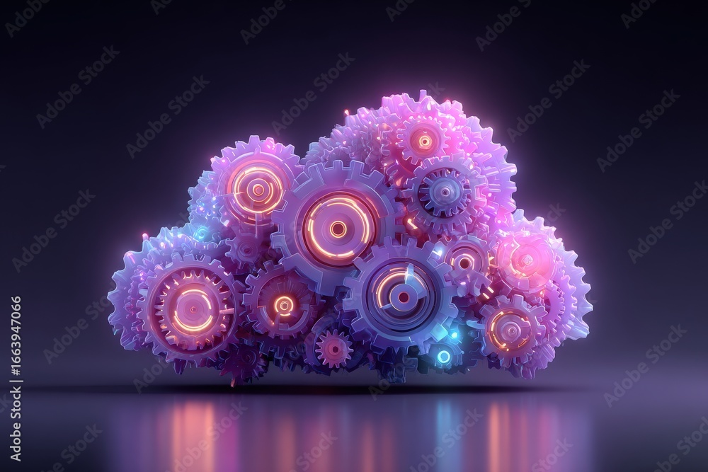 A vibrant display of interconnected gears forms a cloud shape, glowing with neon colors in a dark background.