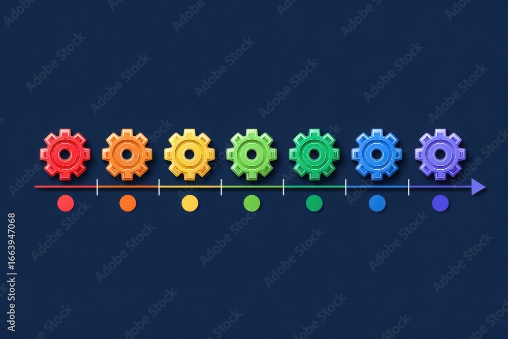 Multiple colorful gears are aligned on a horizontal axis, transitioning from warm shades to cool tones.