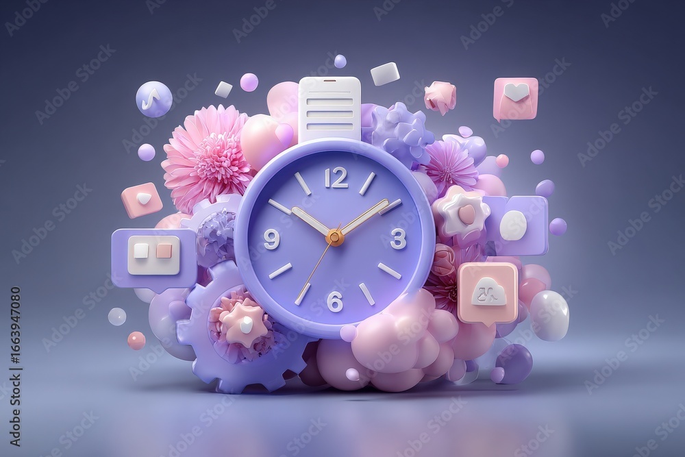 A vibrant purple clock sits at the center, surrounded by soft pastel spheres and floral elements. Colorful icons float around, creating a playful and imaginative atmosphere.