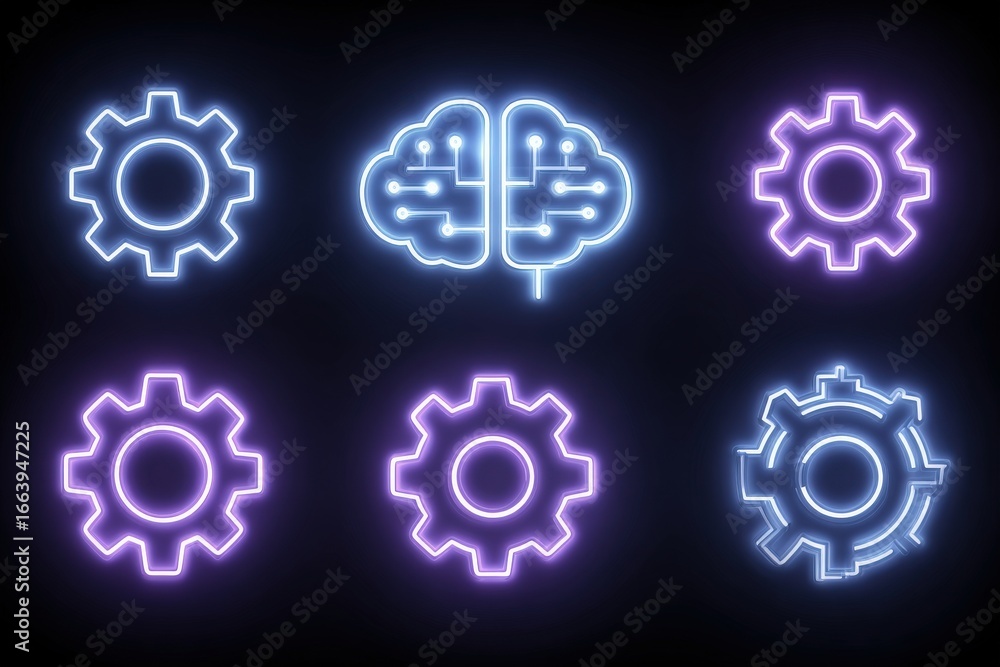 Neon gears and a brain design represent concepts related to artificial intelligence and technology. This modern arrangement highlights the interplay between machinery and cognitive processes.