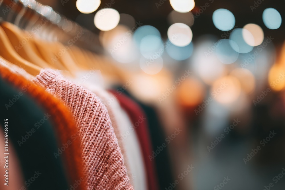 Rows of knit sweaters in various colors hang neatly on wooden racks. Soft lighting creates a warm atmosphere, inviting shoppers to browse the cozy apparel on display in the boutique.
