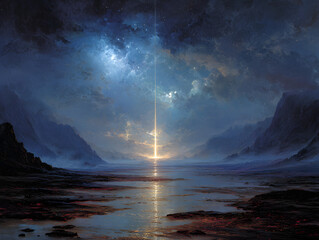 Wall Mural - Otherworldly landscape with luminous beam in a desolate and mysterious scene