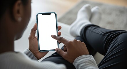 Person using Smartphone in Casual Setting, Isolated on White Background