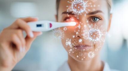 Detecting Fever: A determined individual monitors their temperature using a digital thermometer, overlaid with a digital display of microscopic pathogens.