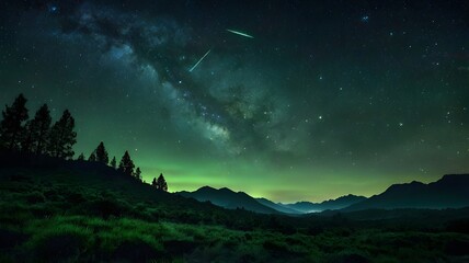 Wall Mural - This image is a dramatic artistic rendering of a night sky dominated by a striking green hue, likely representing a stylized aurora or airglow effect.