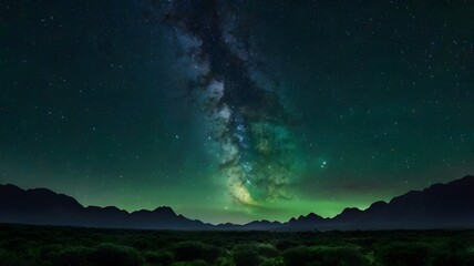 Wall Mural - This image is a dramatic artistic rendering of a night sky dominated by a striking green hue, likely representing a stylized aurora or airglow effect.