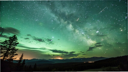 Wall Mural - This image is a dramatic artistic rendering of a night sky dominated by a striking green hue, likely representing a stylized aurora or airglow effect.